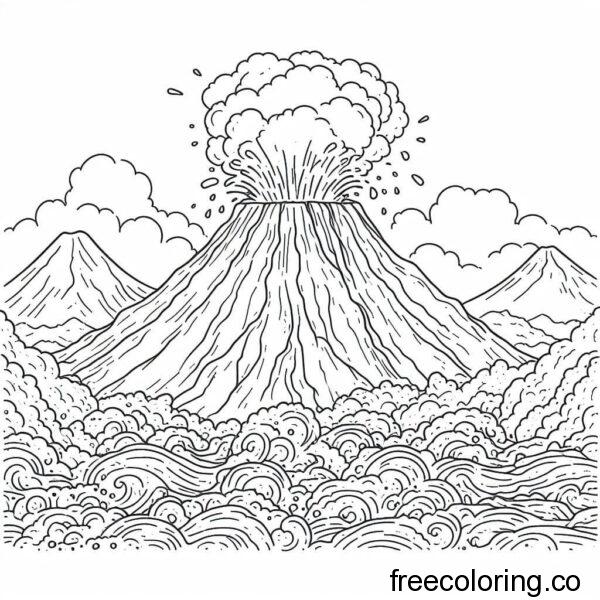 volcano with smoke and mountains