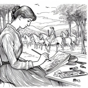 artist painting and drawing near horses