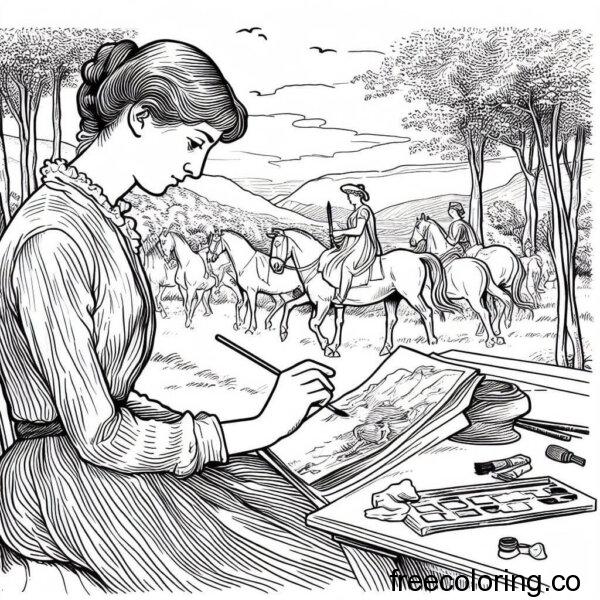 artist painting and drawing near horses