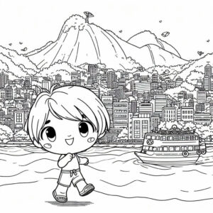 child on holiday near a boat for coloring 2