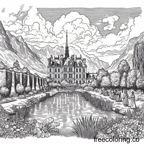 city scene with mountain for coloring 2