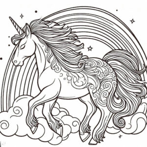 drawing of a unicorn in front of a rainbow 1