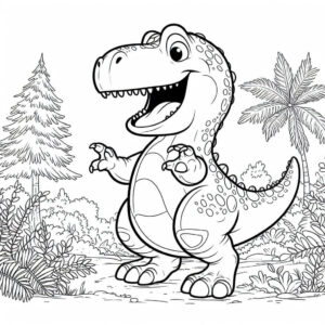 happy dinossaur smiling with trees