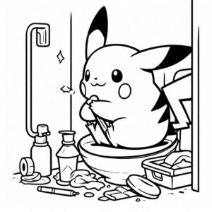 pikachu cleaning a toilet