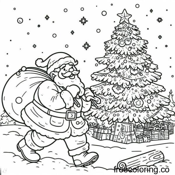 santa claus walking near a decorated christmas tree
