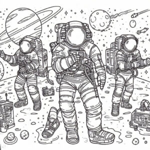 three astronauts with planets