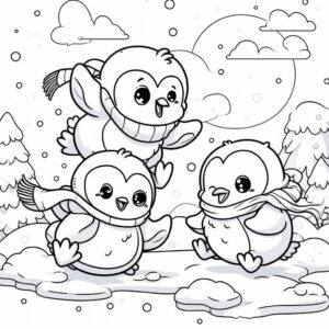 three cute penguins in the snow