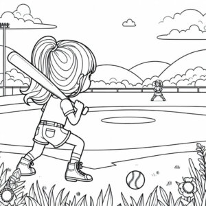 girl playing baseball free coloring page (1)